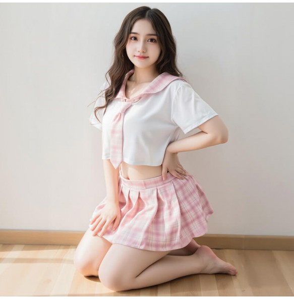 FEE ET MOI - Japanese Plaid Innocent Schoolgirl Outfit (Plus Size - White Pink)